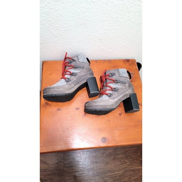 Sorel Block Heeled Pump Waterproof Boots Gray & Red Wool Leather Lace up ankle S - Picture 6 of 14